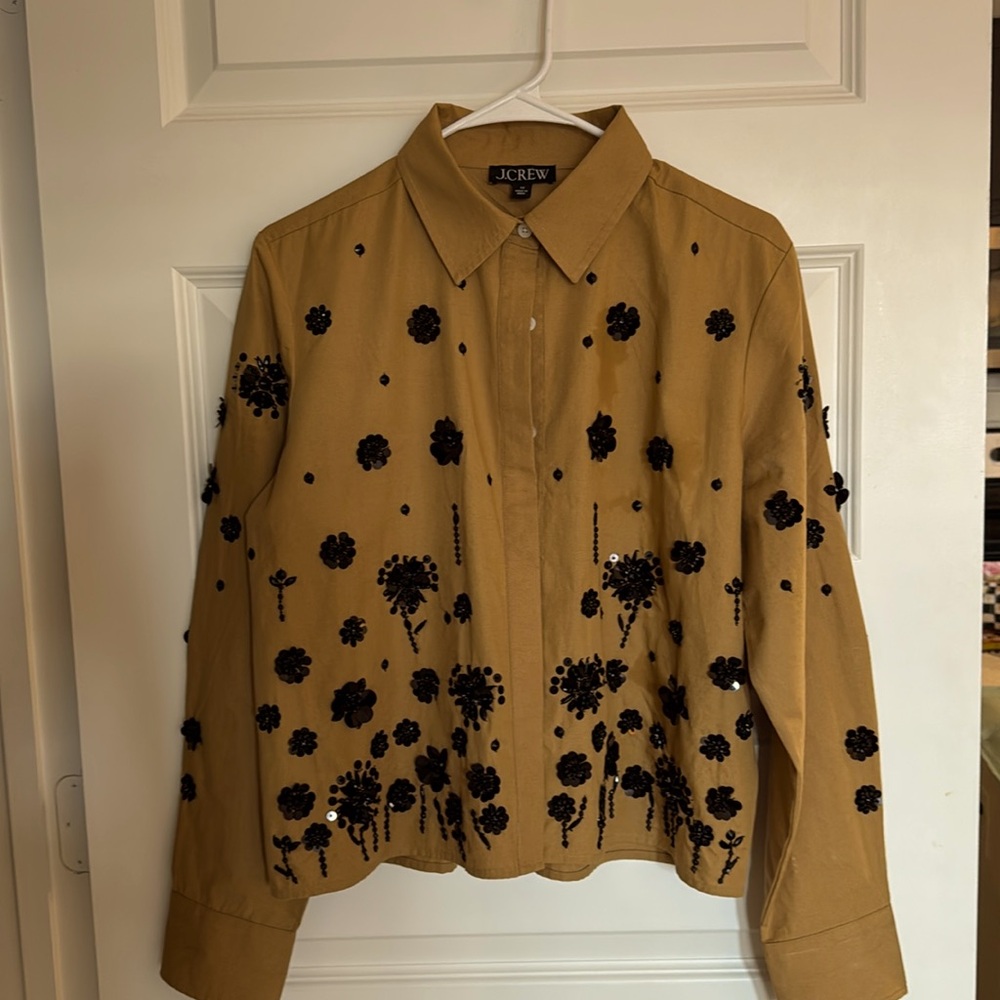 J Crew top with black sequin design -L/S covered button placket
